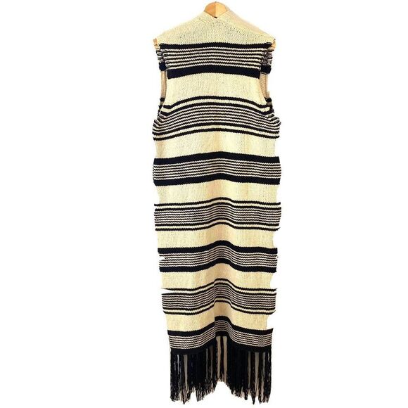 Moon River Long Vest Sweater Size M Beige Black Striped Knit Fringe Hem Boho - Picture 5 of 10